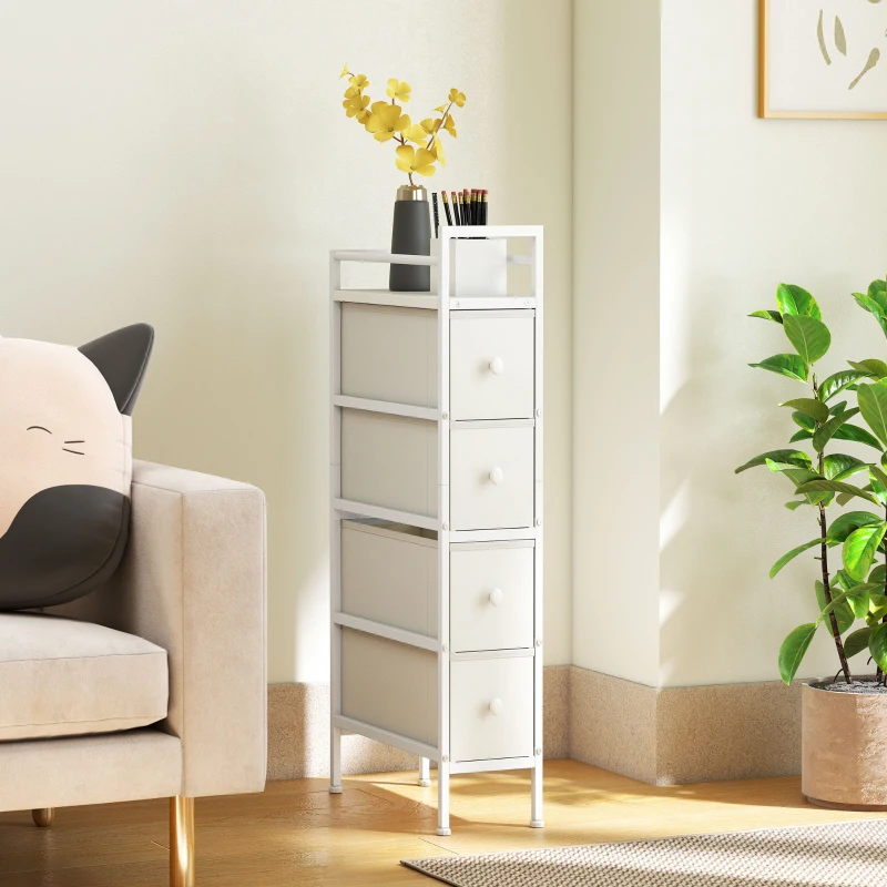 HOMCOM Móvel de Arrumação Estreito com 4 Gavetas de Tecido para Espaços Pequenos 20x43x81,5 cm Branco