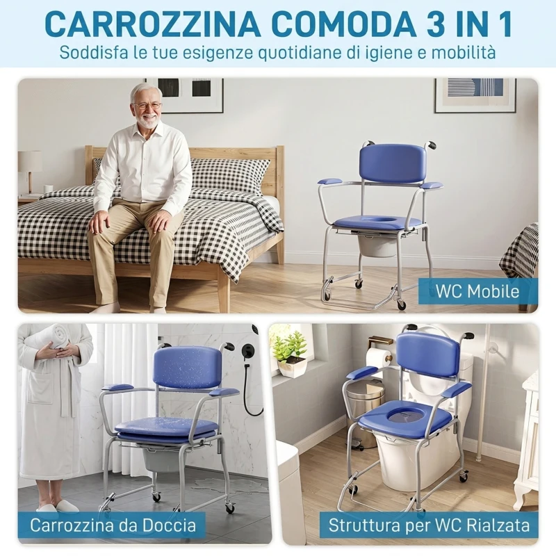 HOMCOM Sedia da Doccia con Ruote, Carrozzina Comoda Imbottita con Braccioli Ribaltabili