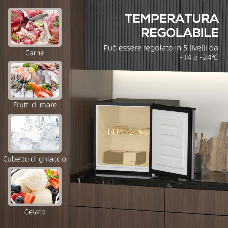 HOMCOM Mini Congelatore da 35L con Ripiano Rimovibile e Temperatura Regolabile, 47x44.2x48.8 cm, Argento