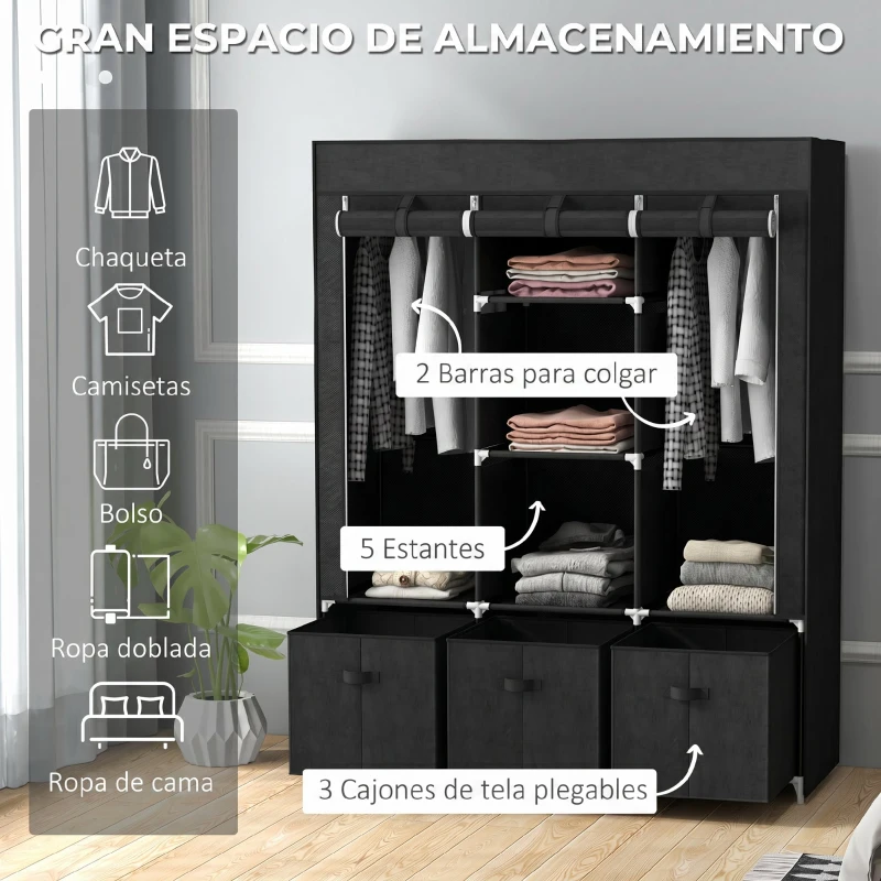 HOMCOM Armario de Tela Armario Ropero con 2 Barras 5 Estantes Abiertos 3 Cajones Cremallera Marco Acero 125x43x162,5 cm Negro