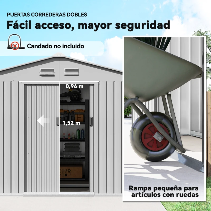 Outsunny Cobertizo de Jardín Exterior 4,9 m² 277x195x192 cm con Puerta Corredera Ventilación y Kit de Fundación Gris