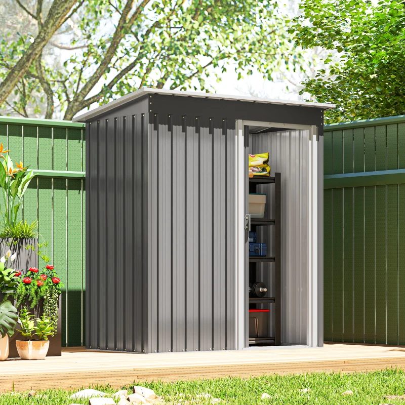 Outsunny Caseta de Jardín Exterior 1,16 m² 163x89x182 cm Cobertizo Metálica con Puerta Corredera y Techo Inclinado Gris