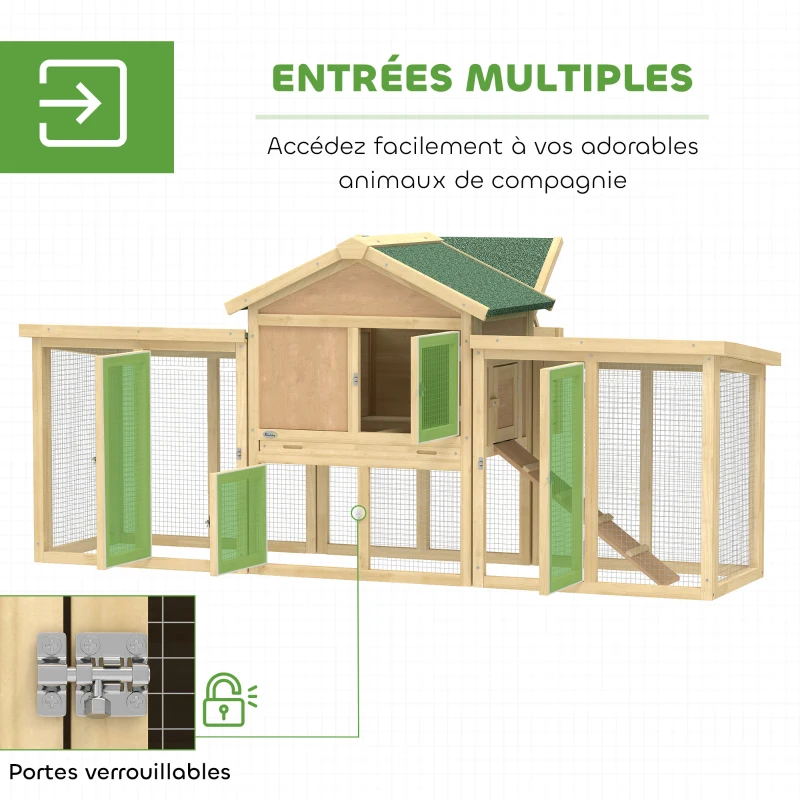 PawHut Poulailler clapier modèle chalet multi-équipé : rampes, nichoirs, plateau, en bois massif 204 x 85 x 93 cm bois naturel
