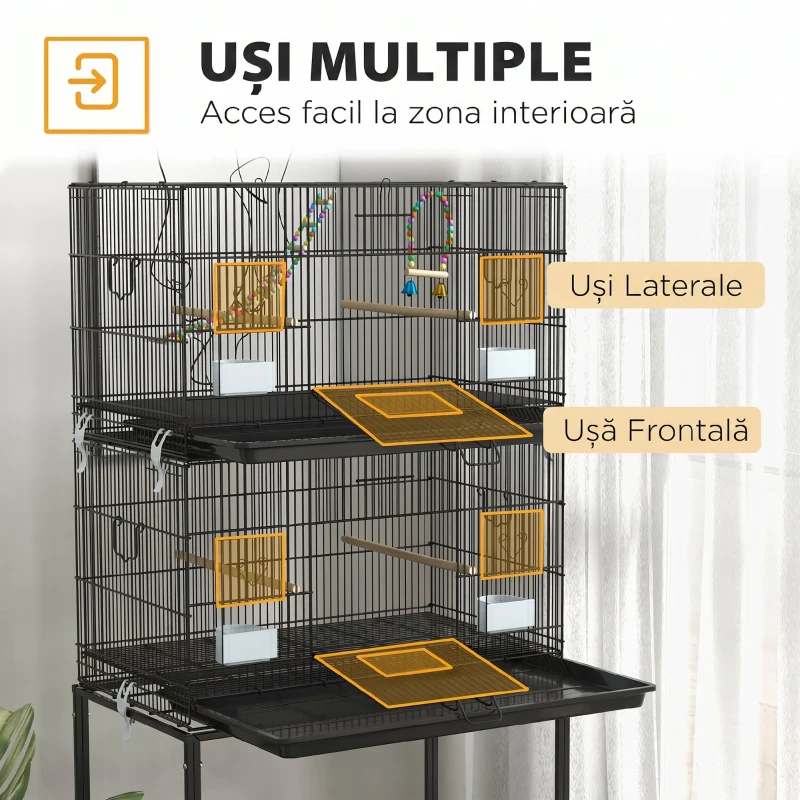 PawHut Cușcă pentru Păsări din Oțel și PP, Design Suprapus cu Stinghii, Leagăne și Scărițe, 77x46x164 cm, Negru