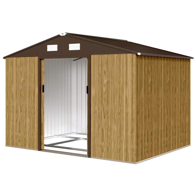 Outsunny Cobertizo de Jardín Exterior 4,9 m² 277x195x192 cm con Puerta Corredera Ventilación y Kit de Fundación Marrón