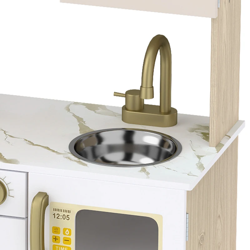 AIYAPLAY Cuisine Enfant en Bois, Dinette Cuisine Enfant avec Ustensiles en Acier Inoxydable, pour 3 à 6 Ans, 74x29x81cm, Blanc