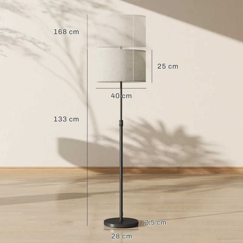 HOMCOM Lámpara de pie con mando a distancia, altura regulable, pantalla de tela, soporte metálico, brillo ajustable, interruptor de pie, negro