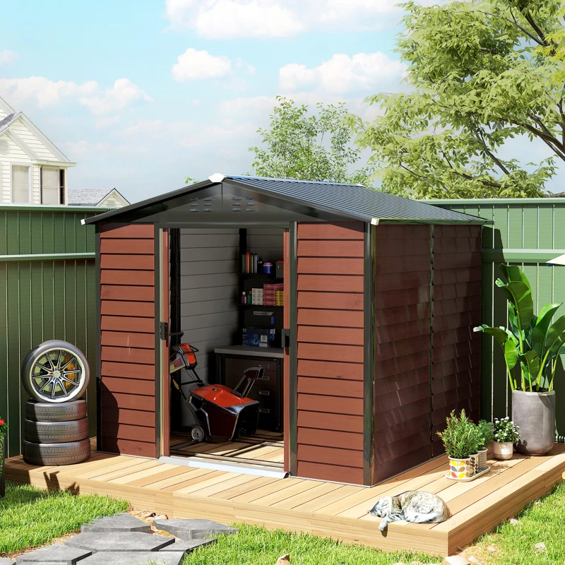 Outsunny Cobertizo de Jardín Exterior 4,4 m² 240x206x198 cm con Base Puerta Corredera y Cerradura Armario para Jardín Teca
