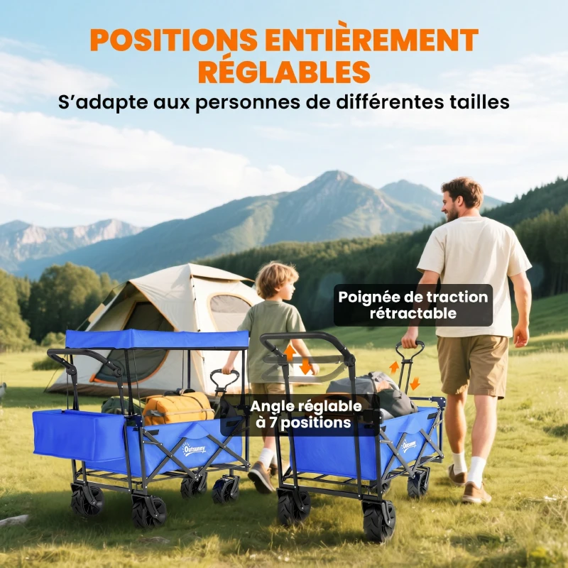 Outsunny Chariot de Transport Pliable Tout Terrain 180 L, Poignée Télescopique Pousser-Tirer 2 en 1, Auvent Amovible, Bleu