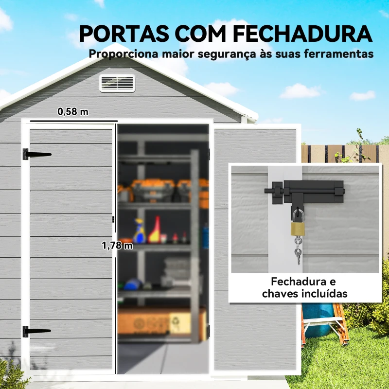 Outsunny Abrigo de Jardim em Resina 182x151x219 cm com Piso Janela Ventilação Portas Duplas Cinzento