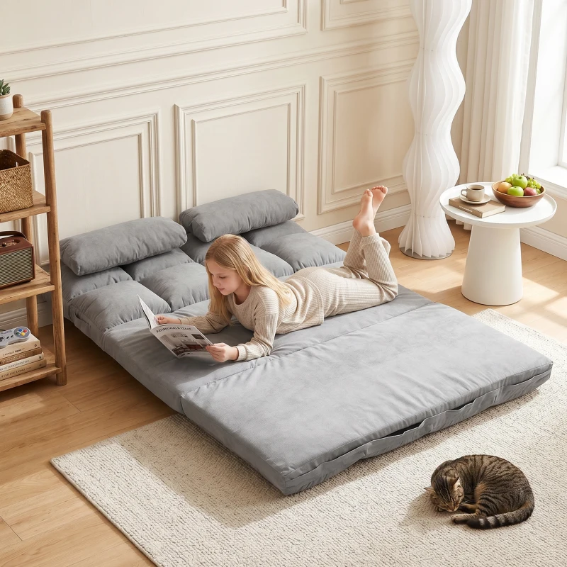 HOMCOM Chauffeuse 2 places canapé-lit convertible fauteuil de sol pliable dossier réglable 2 coussins inclus en polyester aspect suédé, pour salon, chambre et bureau, gris