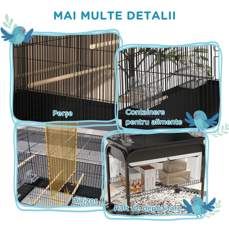 PawHut Colivie de interior pentru păsări cu tavă, raft și roți cu frână, 85x49x119 cm, negru