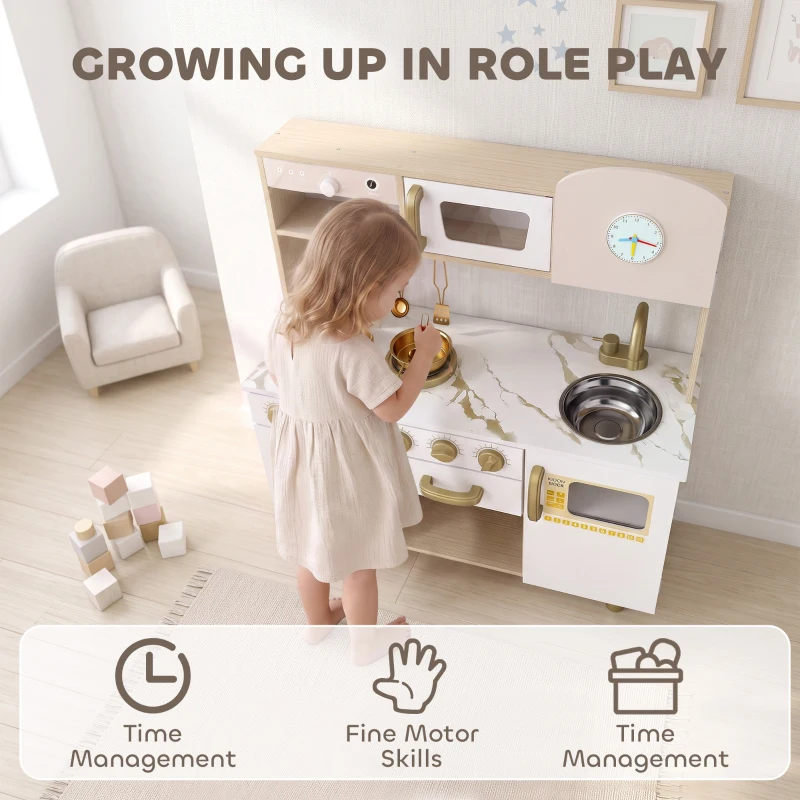 AIYAPLAY Cuisine Enfant en Bois, Dinette Cuisine Enfant avec Ustensiles en Acier Inoxydable, pour 3 à 6 Ans, 74x29x81cm, Blanc