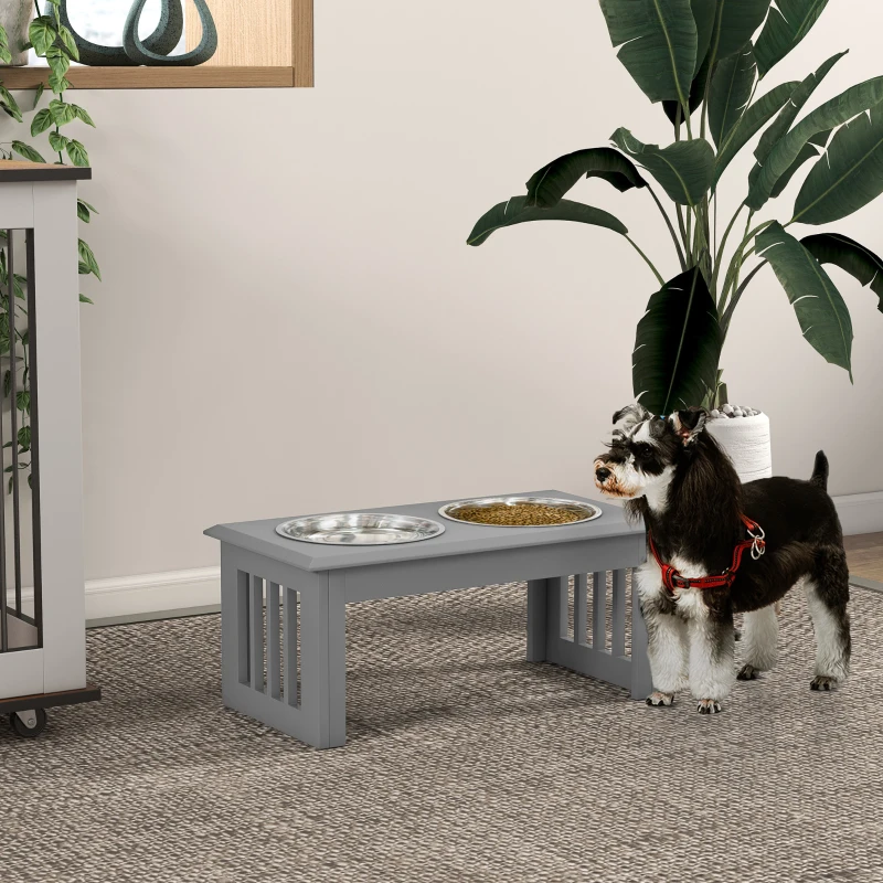 PawHut Comedouro Elevado para Cães com 2 Tigelas Removíveis em Aço Inoxidável, 58,4x30,5x25,4 cm, Cinzento