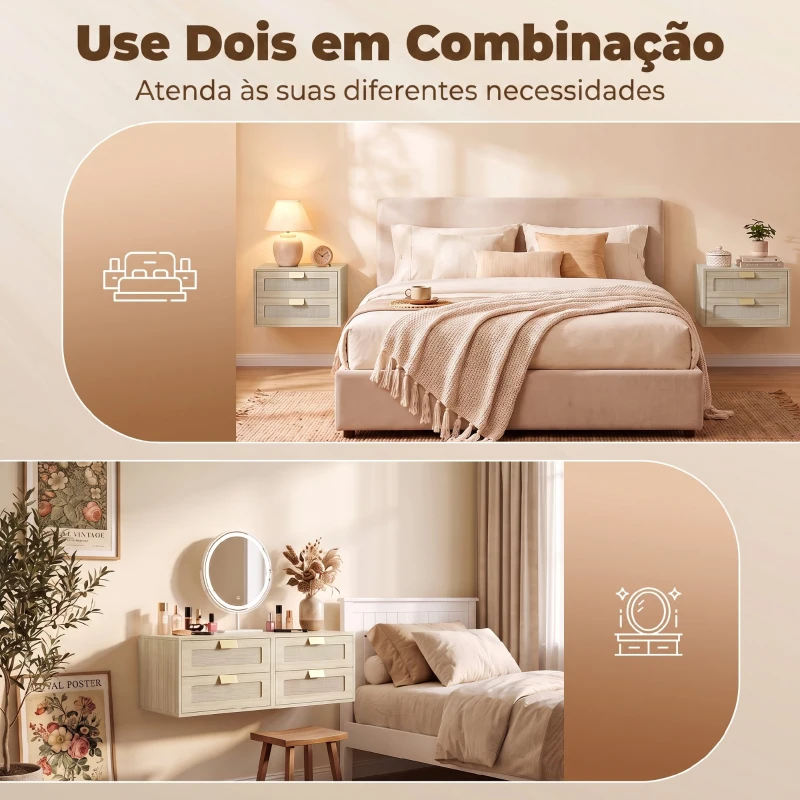 HOMCOM Conjunto de 2 Mesinhas de Cabeceira Suspensas com 2 Gavetas e Frente em Rotim Natural para Quarto 40x30x27,6 cm Carvalho
