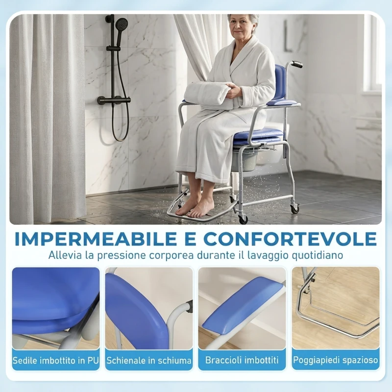 HOMCOM Sedia da Doccia con Ruote, Carrozzina Comoda Imbottita con Braccioli Ribaltabili