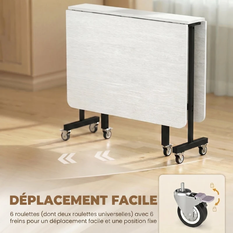 HOMCOM Table à Manger Pliante sur Roulettes pour 4-6 Personnes 120 cm, Roues avec Freins, 2 Abattants, Industriel, Blanc Noir