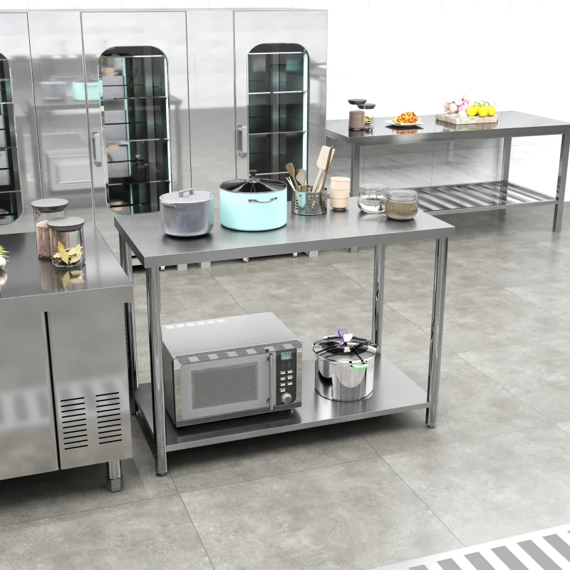 HOMCOM Mesa de Trabajo de Acero Inoxidable con 2 Estantes para Cocina Garaje Taller Carga 100 kg 120x60x86 cm Plata