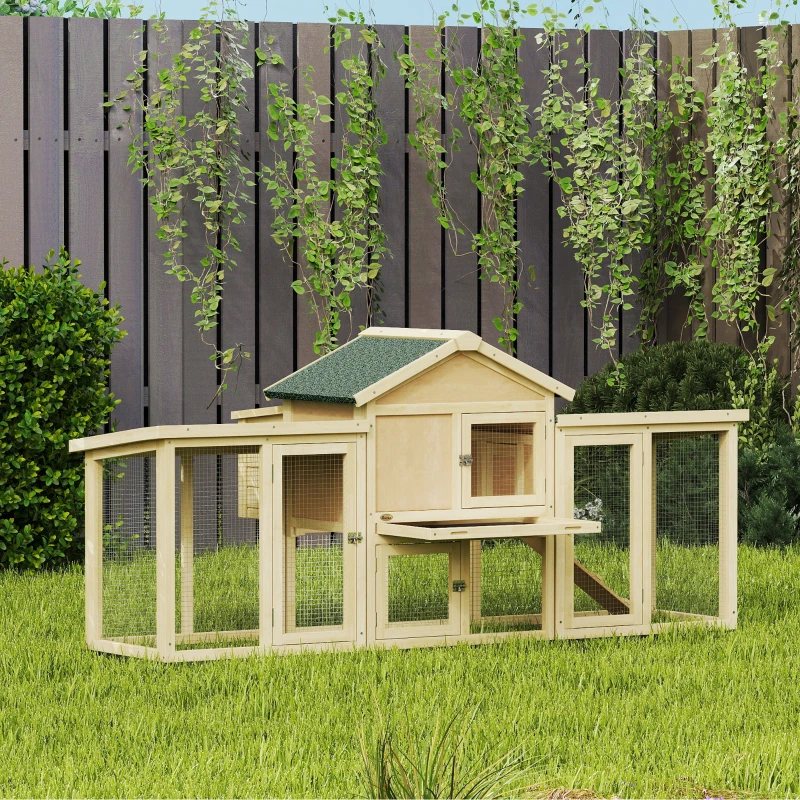 PawHut Poulailler clapier modèle chalet multi-équipé : rampes, nichoirs, plateau, en bois massif 204 x 85 x 93 cm bois naturel