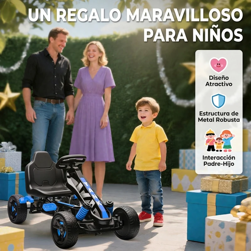 AIYAPLAY Kart Pedales para Niños de +3 Años con Embrague Automático Freno Ruedas Antideslizantes de EVA y Marco Metálico Azul