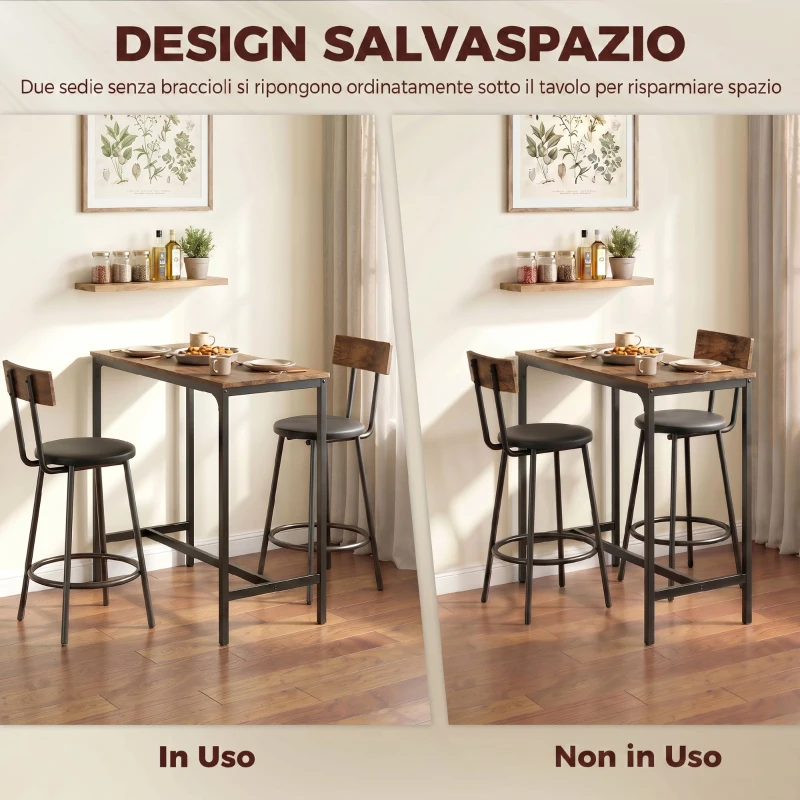 HOMCOM Set Tavolo da Bar 3 Pezzi Tavolo da Cucina Salvaspazio Marrone Rustico