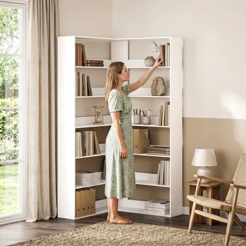 HOMCOM Bücherregal mit 7 Ebenen, L-förmiges Eckrega mit rutschfestem Rückenschutz, Weiß mit Holzoptik