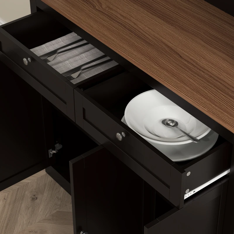 HOMCOM Alacena de Cocina con 3 Puertas de Vidrio Compartimento Abierto 2 Cajones y Estantes Ajustables 100x40x180 cm Negro