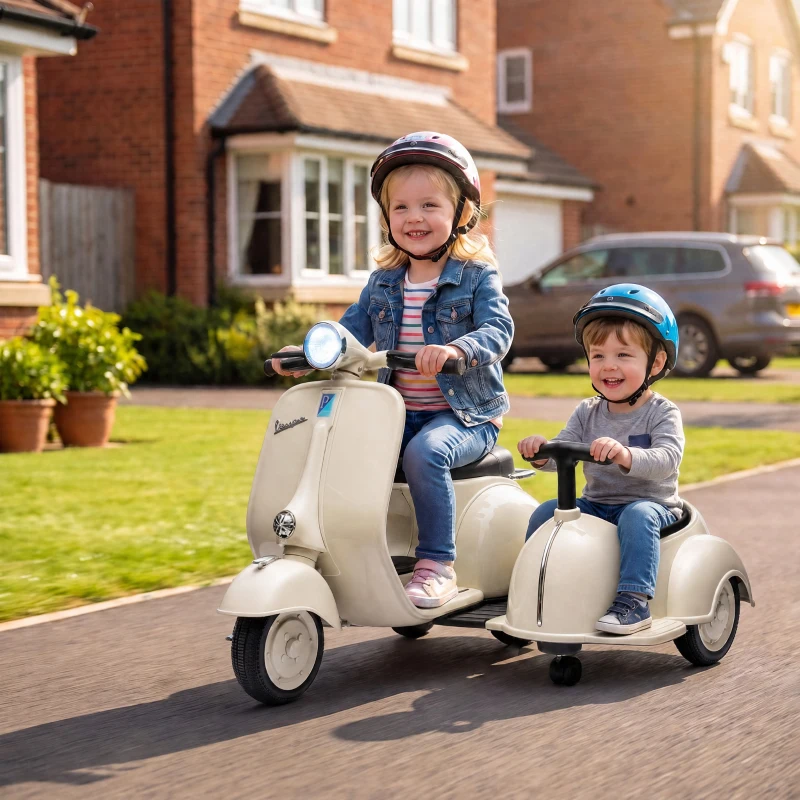 AIYAPLAY Mota Elétrica Infantil VESPA com 2 Assentos, Arranque Suave, Luz, Música, USB e Arrumação, Creme