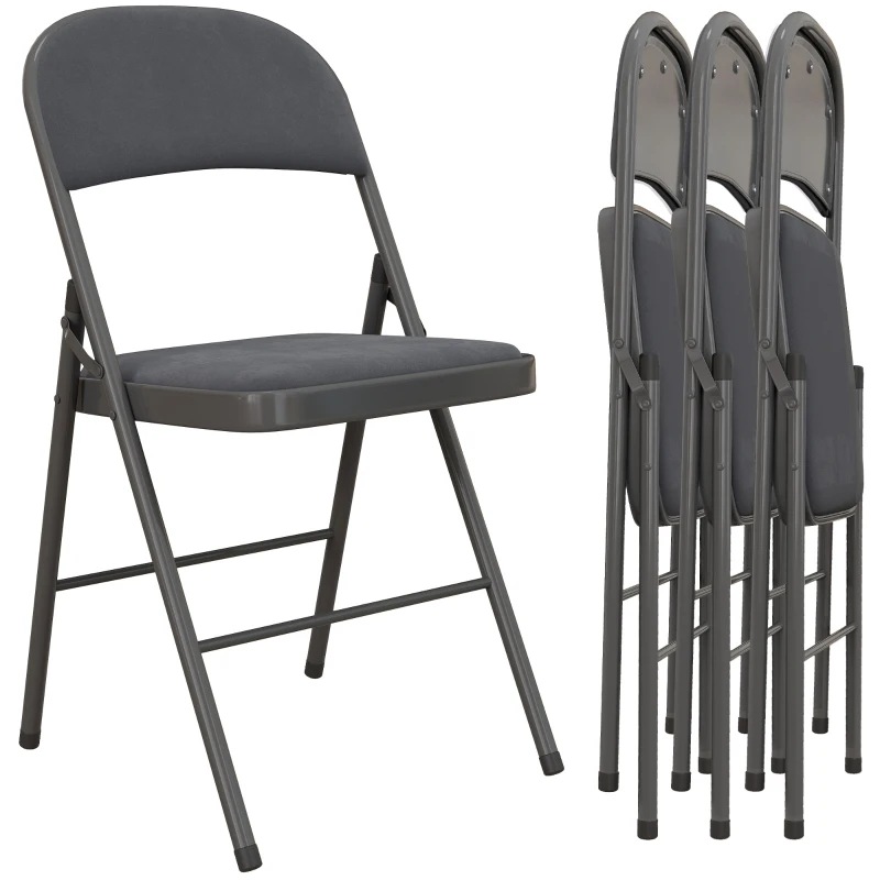 HOMCOM Lot de 4 chaises pliantes et portables intérieur avec assises et dossiers rembourrés en velours, cadre en acier, gris foncé
