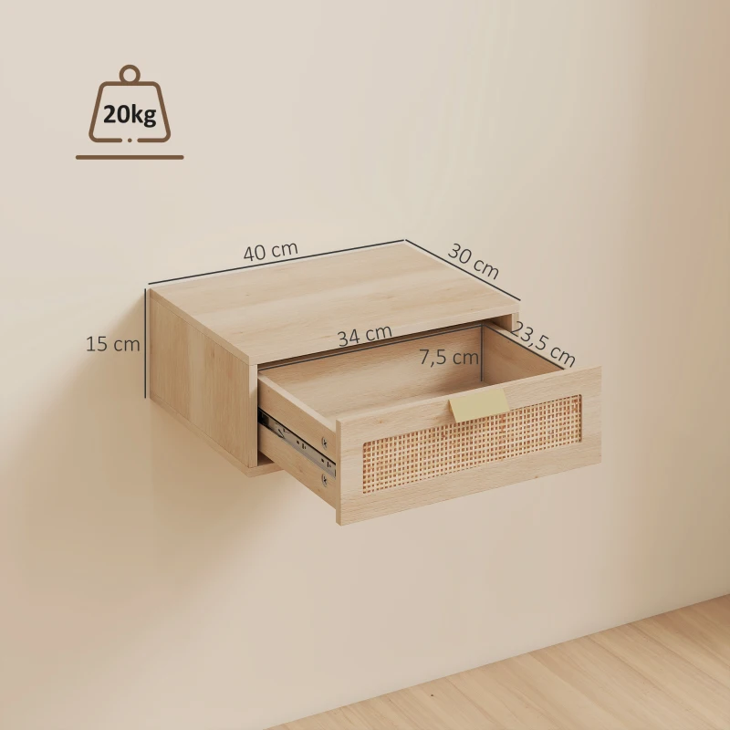 HOMCOM Juego de 2 Mesitas de Noche Flotantes con Cajón de Ratán Ahorra Espacio Diseño Moderno 40x30x15 cm Natural