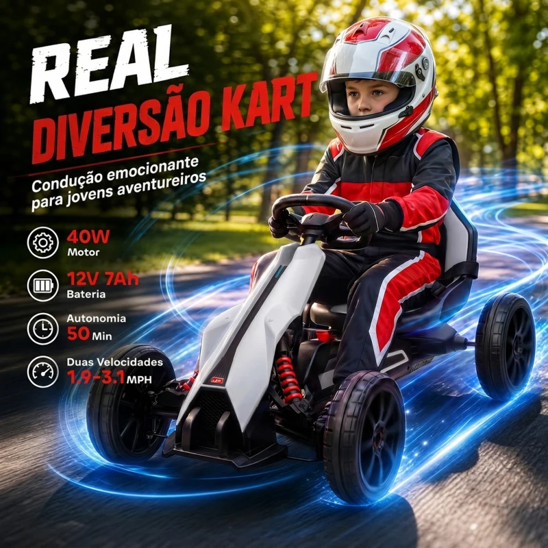 HOMCOM Go Kart Elétrico para Crianças Kart a Bateria 12V Velocidade Ajustável 3-5 km/h e Cinto de Segurança 100x58x58,5 cm Branco