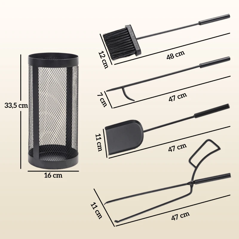 Outsunny Conjunto para Lareira de 5 Peças em Metal com Escova, Pá, Tenaz, Atiçador e Suporte Ø16 x 33,5 cm Preto