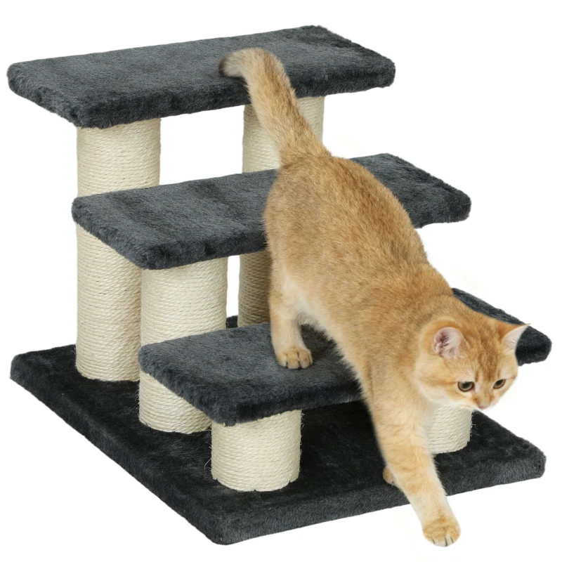 PawHut Hundetreppe 3 Stufen 34 cm Hoch Haustiertreppe für Hunde Katze Katzentreppe mit Kratzstamm Hunderampe Einstiegshilfe für Bett, Sofa, Couch Dunkelgrau
