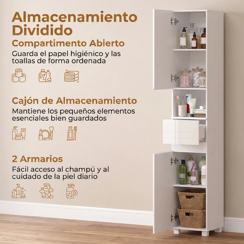 HOMCOM Armario Alto de Baño Mueble de Baño Estrecho Alto Brillo con Cajón Compartimento Abierto y Estantes Ajustables Blanco