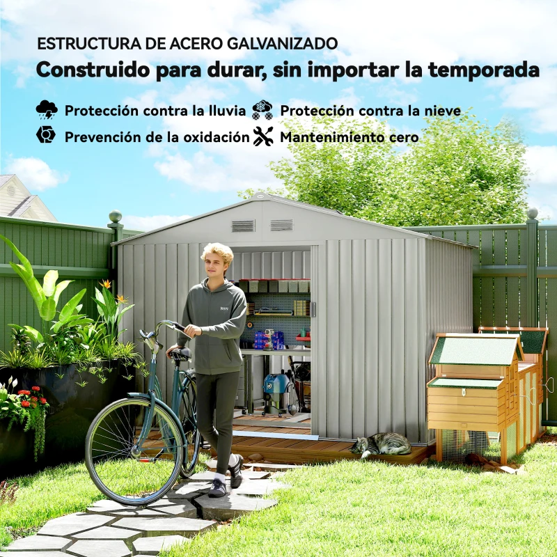 Outsunny Cobertizo de Jardín Exterior 4,9 m² 277x195x192 cm con Puerta Corredera Ventilación y Kit de Fundación Gris