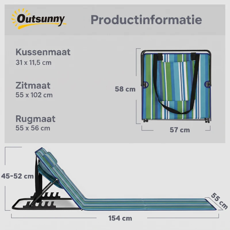 Outsunny 2-delige set strandligstoel met verstelbare rugleuning, lichtgewicht opvouwbaar met kussen en opbergvak