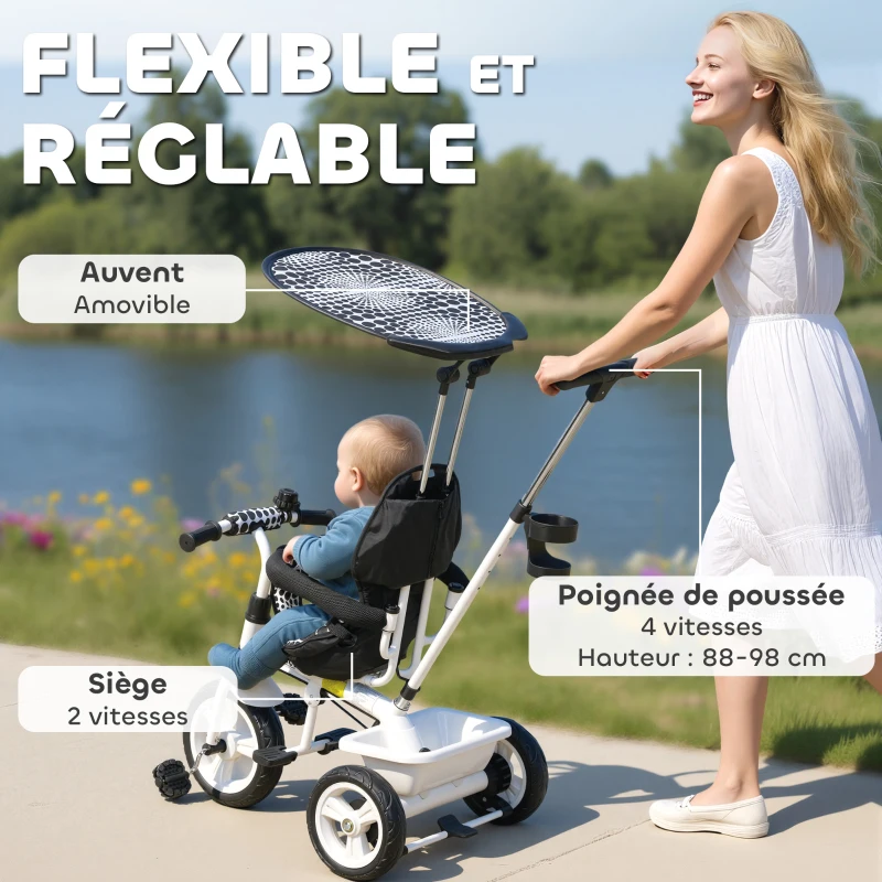 HOMCOM Tricycle Enfants Pare-Soleil Pliable Canne Amovible Benne Rangement 105 x 47 x 98 cm Acier Blanc et Noir