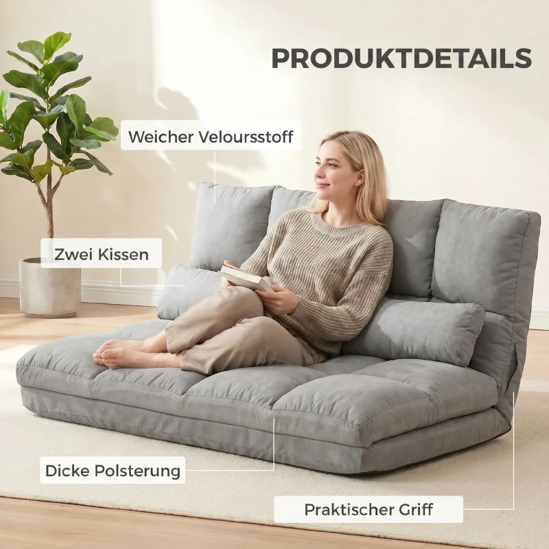 HOMCOM Bodenstuhl Bodensessel mit Liegefunktion Verstellbarer Rückenlehne Sitzkissen Relaxsessel zum Fernsehen, Lesen Meditationsstuhl Lazy Sofa Lesesessel für Meditation Yoga Büro Grau