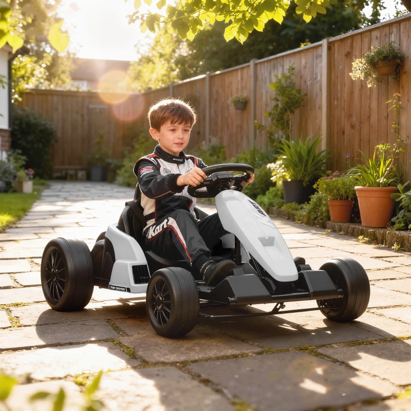 AIYAPLAY 24 V Elektro Go-Kart für Kinder Bis 18 Km/h Gokart mit Drift-Funktion, Drift-Kart mit 2 Motoren verstellbar Sitz Weiß