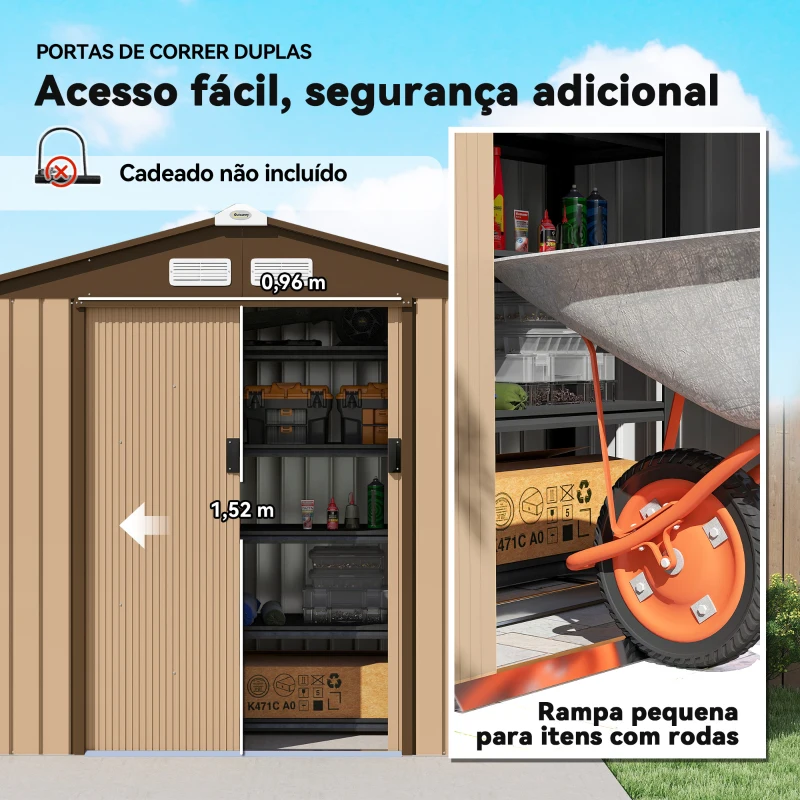 Outsunny Abrigo de Jardim Exterior 2,42 m² 213x130x185 cm com Porta de Correr, Ventilação e Luvas, Amarelo