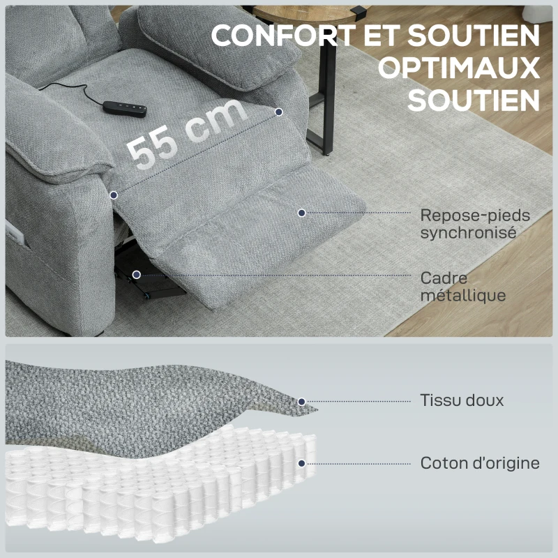 HOMCOM Fauteuil relax électrique fauteuil inclinable port USB repose-pieds poches latérales télécommande 86x90x103cm gris clair