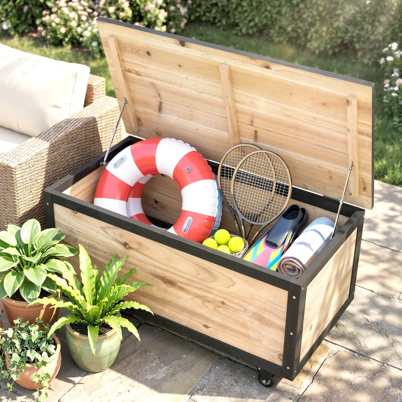 Outsunny Baúl de Exterior de Madera con 4 Ruedas para Jardín Patio Balcón 100x50x43 cm Natural y Negro