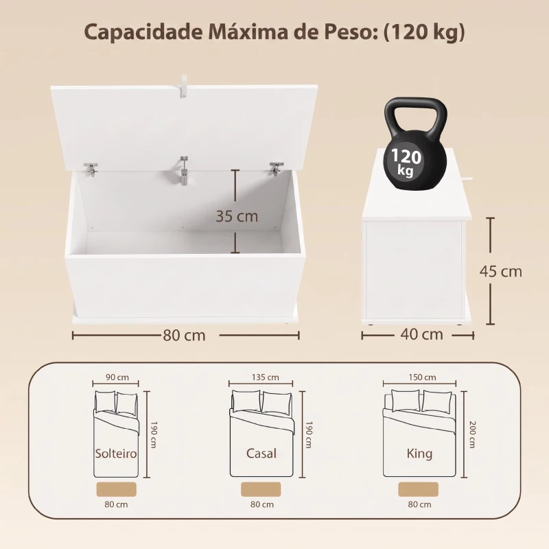 HOMCOM Baú de Arrumação 102 L com Dobradiça de Segurança Estilo Moderno para Corredor Quarto e Sala 80x40x45 cm Branco