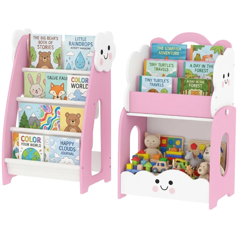 AIYAPLAY Estantería Infantil de Juguetes 3 en 1 con Librería Revistero y Mesita de Noche para Niños 3-8 Años 85,5x32x72 cm Rosa