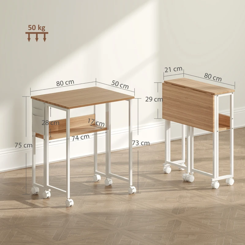 HOMCOM Faltbarer Schreibtisch, zum Beistelltisch umwandelbar, offenes Regal, Natur