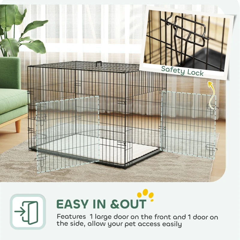 PawHut Gaiola Dobrável para Cães com Almofada, Portas e Tabuleiro Removível, 90 x 57,5 x 62 cm, Preto e Bege