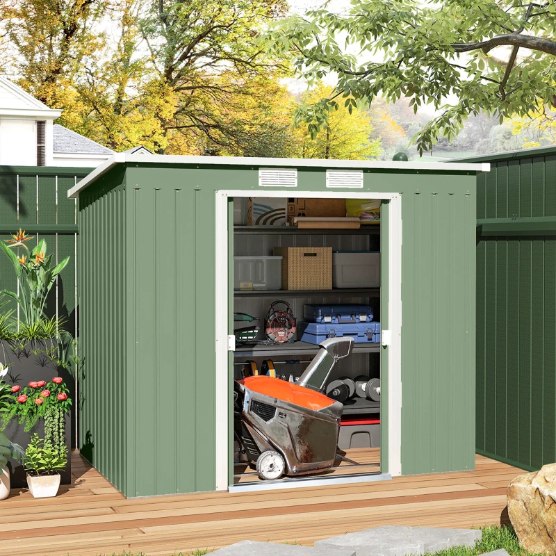 Outsunny Cobertizo de Jardín 213x130x172 cm Caseta de Exterior Metálica para Almacenamiento de Herramientas Verde Oliva