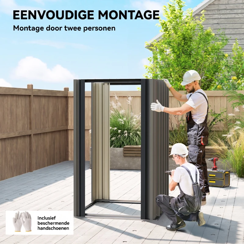Outsunny Metalen Tuinhuis 1,17 m², Gereedschapsschuur met Zadeldak, Ventilatie, Slot en Handschoenen, 122 x 121 x 192 cm