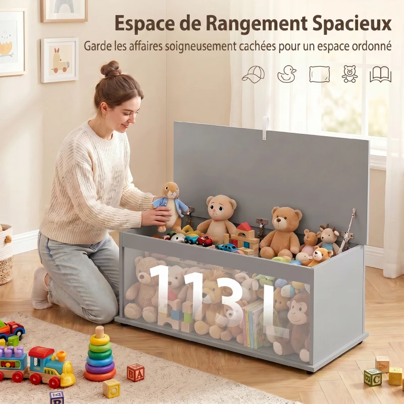 HOMCOM Coffre de rangement, banc de rangement avec couvercle rabattable et charnières de sécurité, 100 x 40 x 40 cm, gris