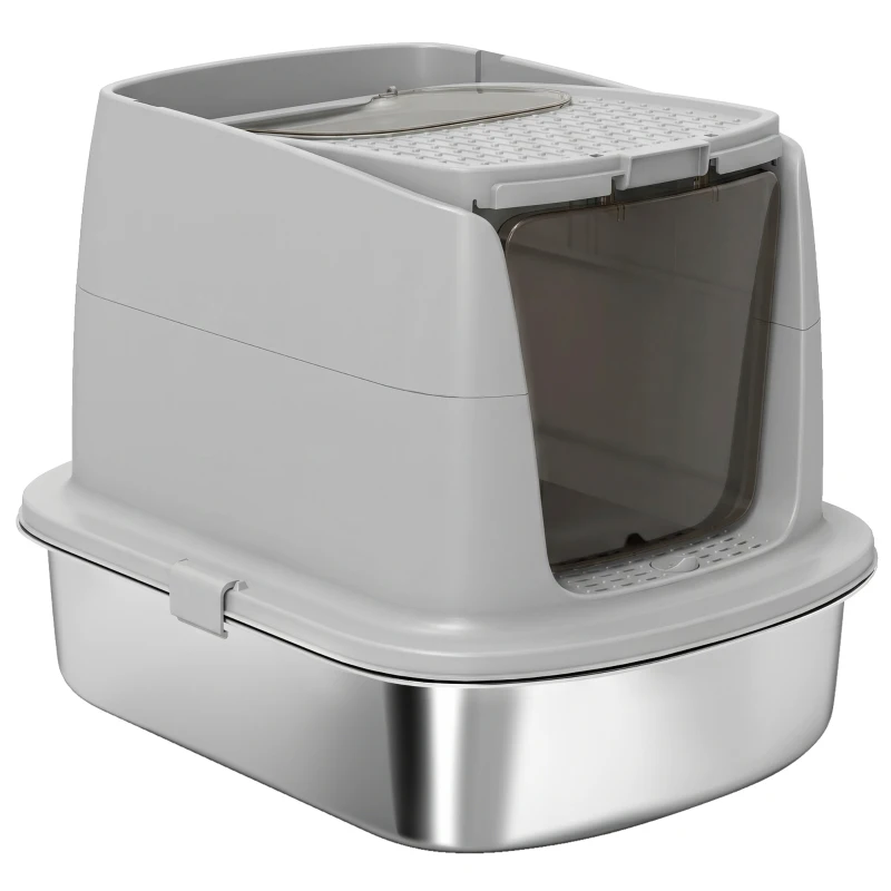 PawHut Arenero para Gatos de Acero Inoxidable L con Tapa Abatible Pala Metálica Bolsa Desodorizante Fácil Limpiar Gris Claro